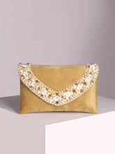 Brown clutch bag named Gilded Glamour Evening Hand Clutch, featuring artificial beads detailing and soft fabric texture | Peora
