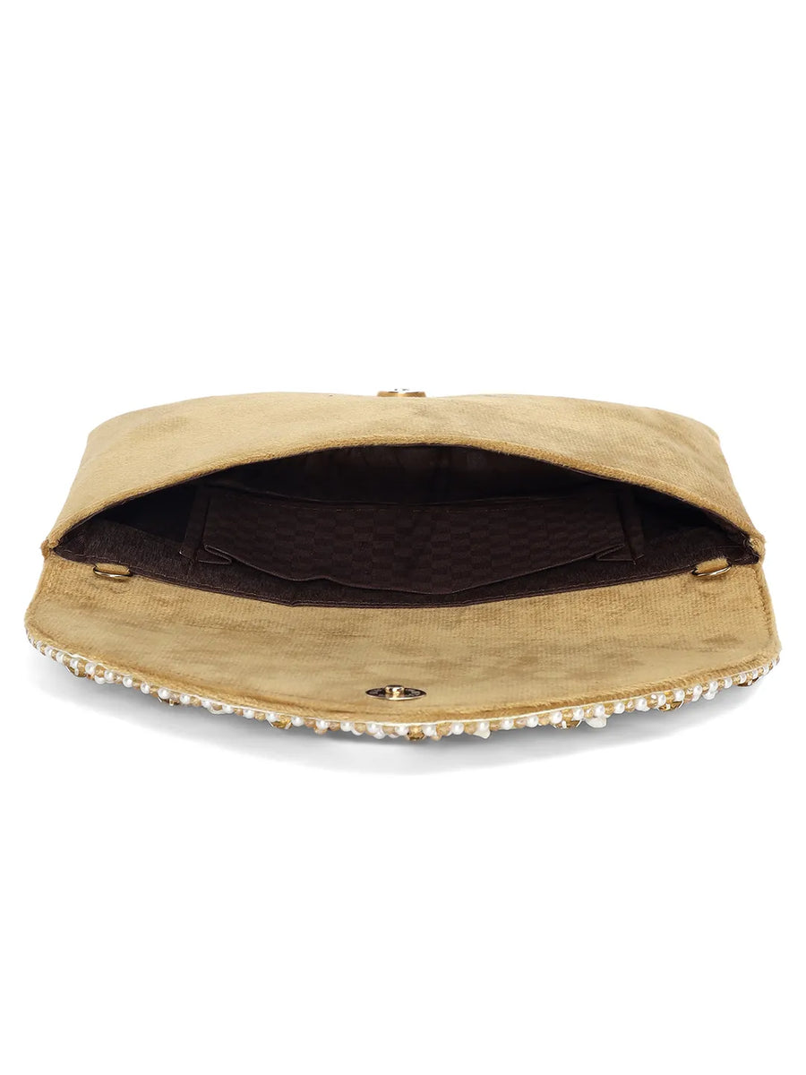 Brown clutch bag named Gilded Glamour Evening Hand Clutch, featuring artificial beads detailing and soft fabric texture | Peora
