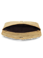 Brown clutch bag named Gilded Glamour Evening Hand Clutch, featuring artificial beads detailing and soft fabric texture | Peora
