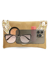 Brown clutch bag named Gilded Glamour Evening Hand Clutch, featuring artificial beads detailing and soft fabric texture | Peora

