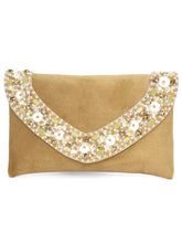Brown clutch bag named Gilded Glamour Evening Hand Clutch, featuring artificial beads detailing and soft fabric texture | Peora
