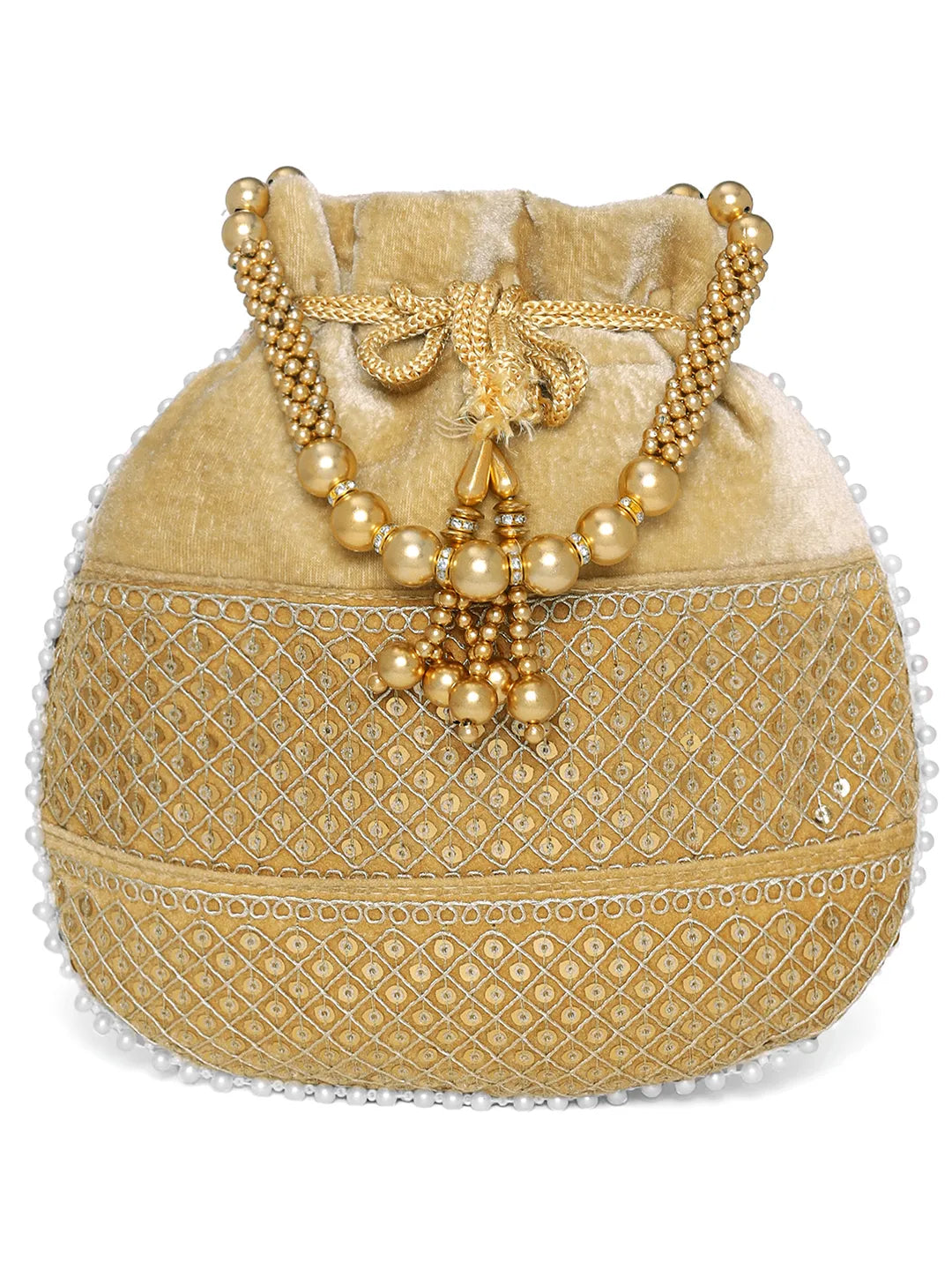 Brown potli bag named Pearl Trim Zari Bead Potli Bag, featuring artificial beads detailing and soft fabric texture | Peora
