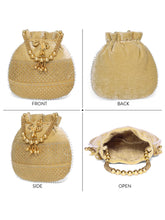 Brown potli bag named Pearl Trim Zari Bead Potli Bag, featuring artificial beads detailing and soft fabric texture | Peora
