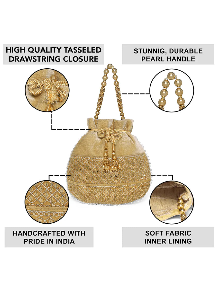 Brown potli bag named Pearl Trim Zari Bead Potli Bag, featuring artificial beads detailing and soft fabric texture | Peora
