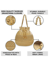 Brown potli bag named Pearl Trim Zari Bead Potli Bag, featuring artificial beads detailing and soft fabric texture | Peora
