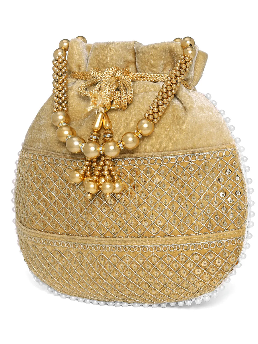 Brown potli bag named Pearl Trim Zari Bead Potli Bag, featuring artificial beads detailing and soft fabric texture | Peora
