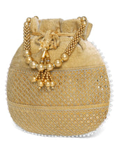 Brown potli bag named Pearl Trim Zari Bead Potli Bag, featuring artificial beads detailing and soft fabric texture | Peora
