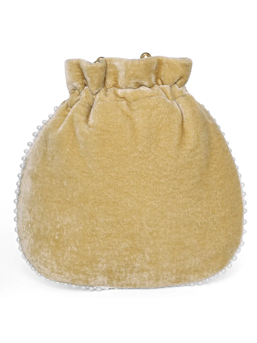 Brown potli bag named Pearl Trim Zari Bead Potli Bag, featuring artificial beads detailing and soft fabric texture | Peora

