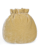 Brown potli bag named Pearl Trim Zari Bead Potli Bag, featuring artificial beads detailing and soft fabric texture | Peora
