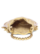 Brown potli bag named Pearl Trim Zari Bead Potli Bag, featuring artificial beads detailing and soft fabric texture | Peora

