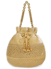 Brown potli bag named Pearl Trim Zari Bead Potli Bag, featuring artificial beads detailing and soft fabric texture | Peora
