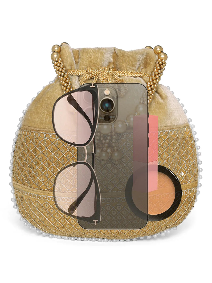 Brown potli bag named Pearl Trim Zari Bead Potli Bag, featuring artificial beads detailing and soft fabric texture | Peora
