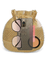 Brown potli bag named Pearl Trim Zari Bead Potli Bag, featuring artificial beads detailing and soft fabric texture | Peora
