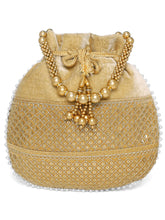 Brown potli bag named Pearl Trim Zari Bead Potli Bag, featuring artificial beads detailing and soft fabric texture | Peora
