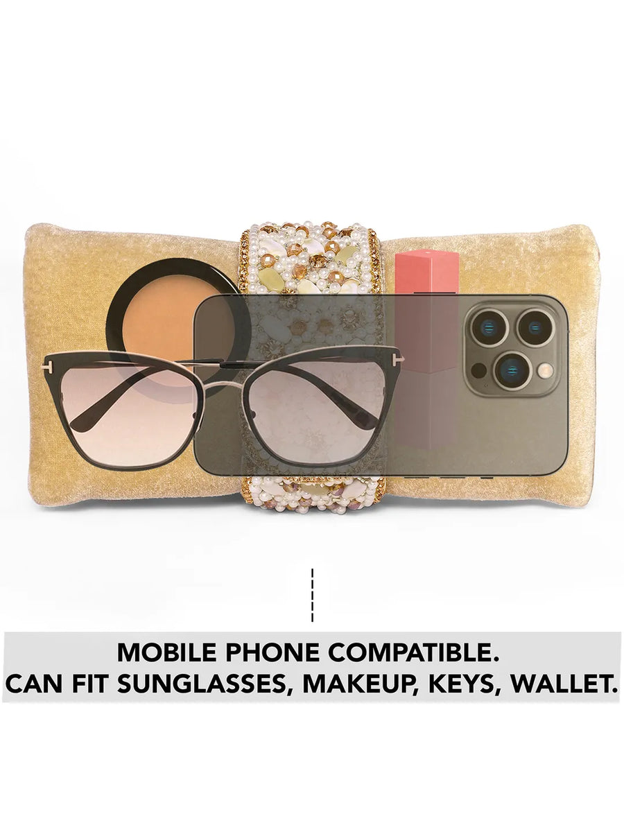 Brown clutch bag named Clutch Bags Crafted for Elegance, featuring pearl detailing and soft fabric texture | Peora
