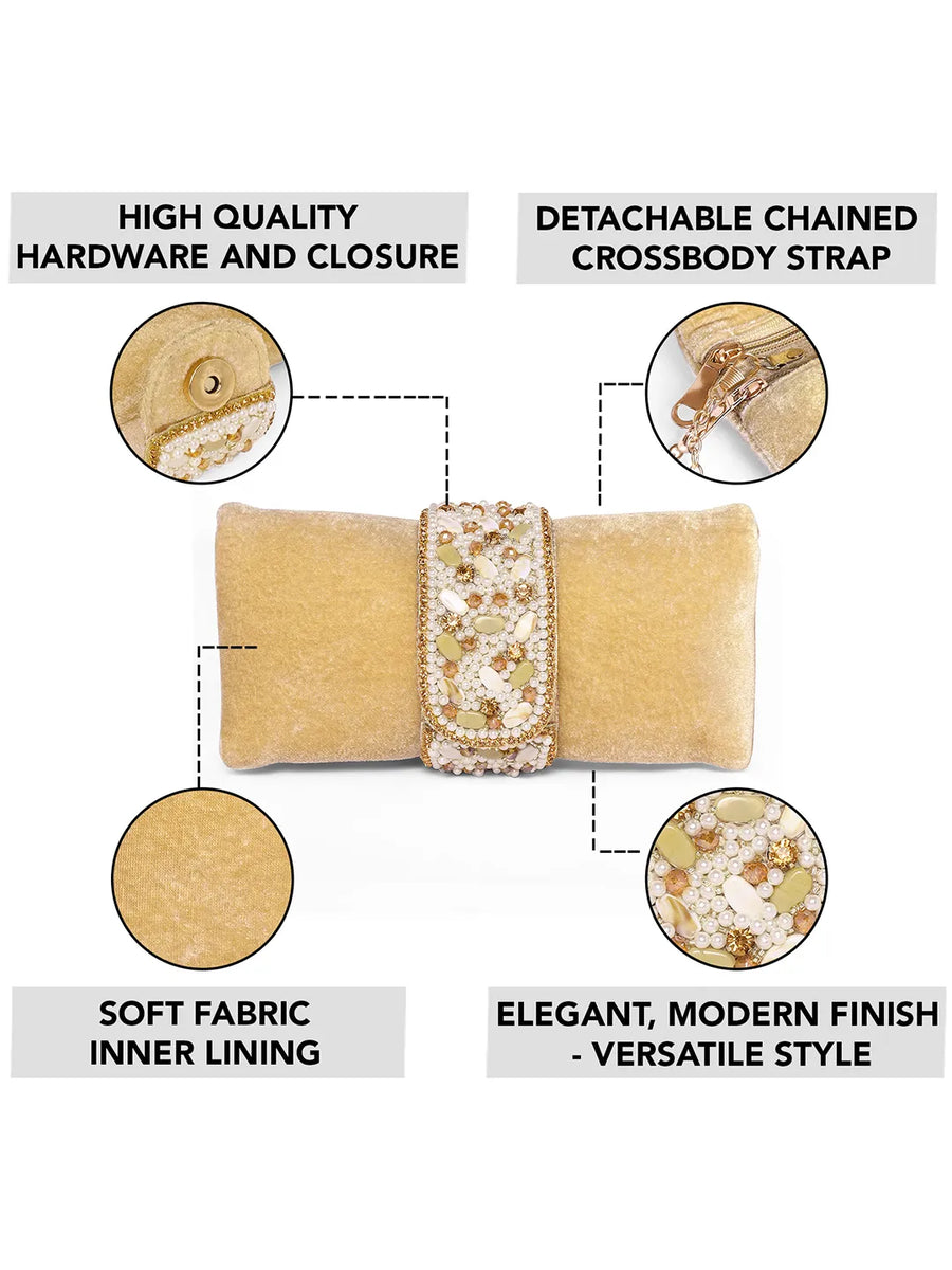 Brown clutch bag named Clutch Bags Crafted for Elegance, featuring pearl detailing and soft fabric texture | Peora
