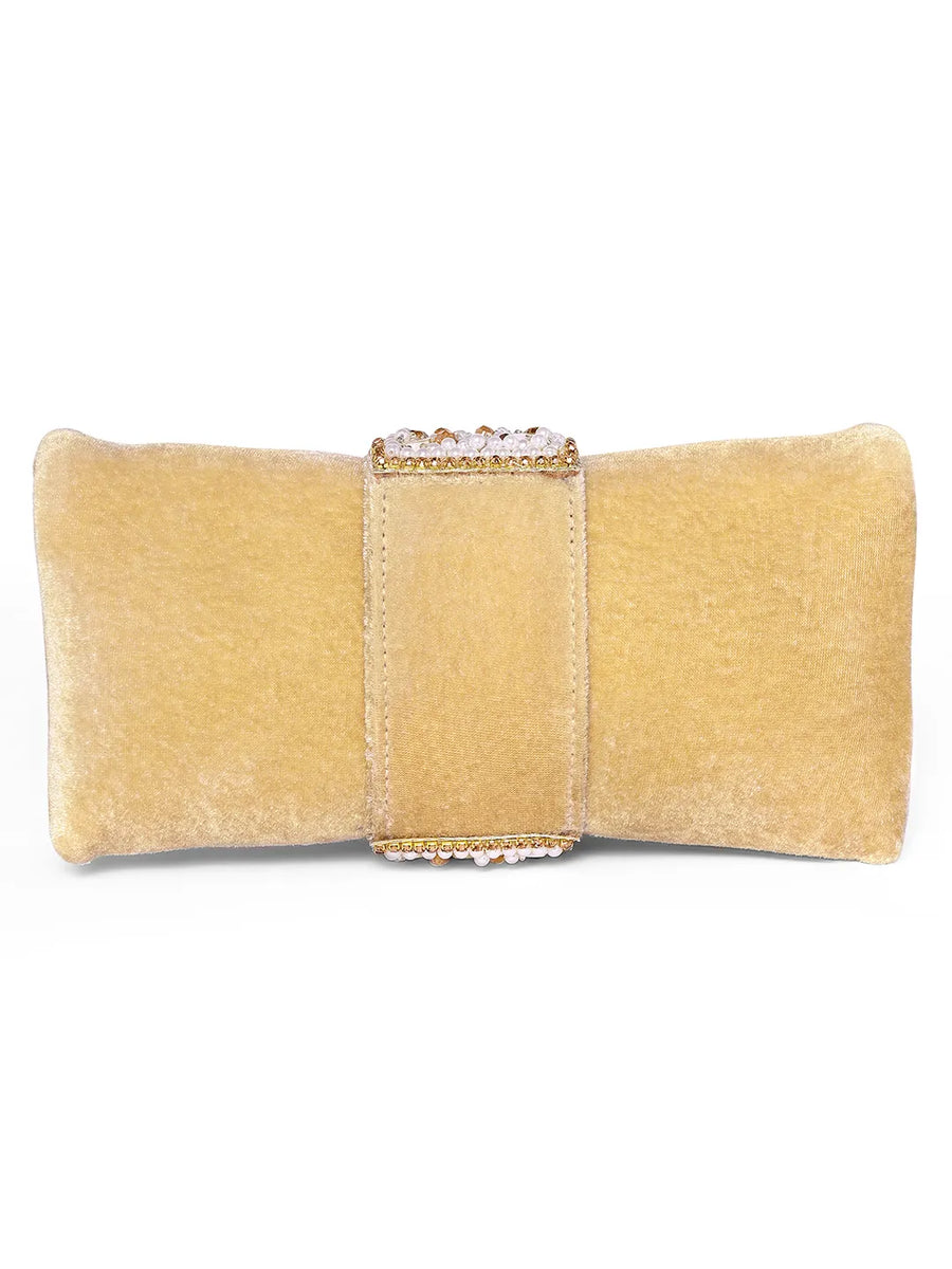 Brown clutch bag named Clutch Bags Crafted for Elegance, featuring pearl detailing and soft fabric texture | Peora
