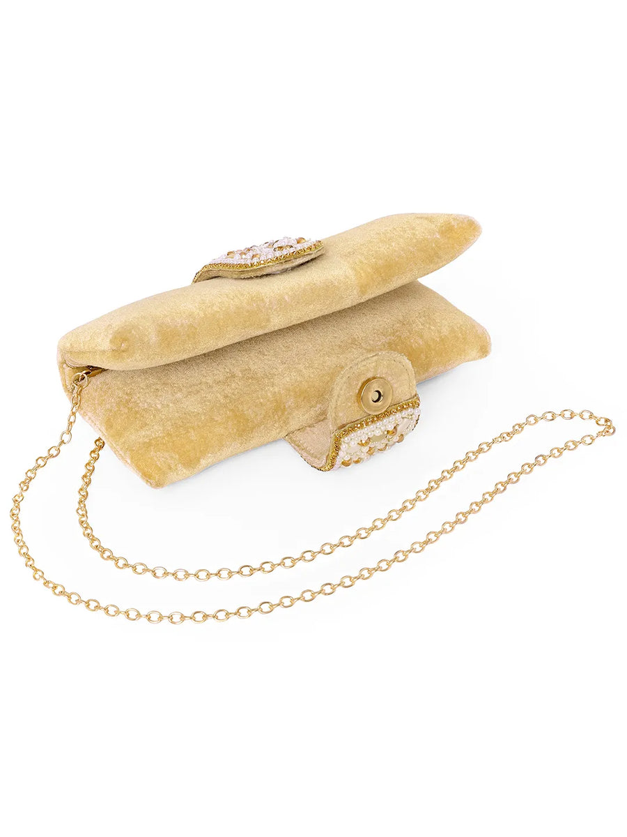 Brown clutch bag named Clutch Bags Crafted for Elegance, featuring pearl detailing and soft fabric texture | Peora
