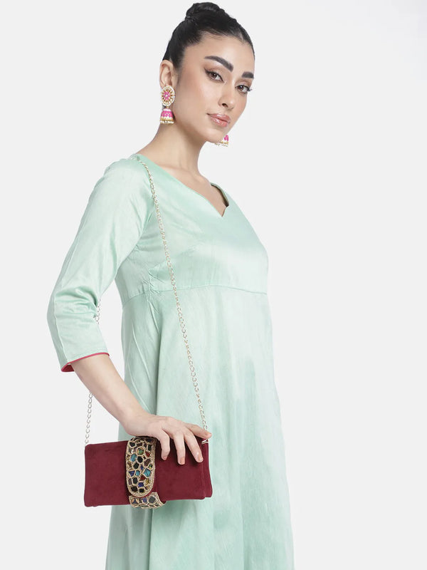 Luxe Mosaic Beaded Statement Box Clutch - Maroon