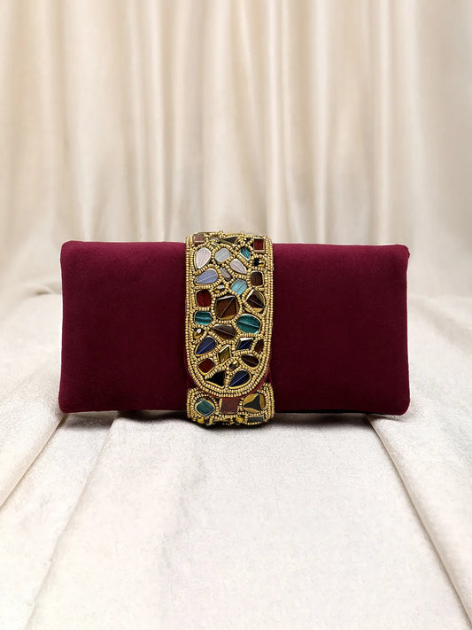 Luxe Mosaic Beaded Statement Box Clutch - Maroon
