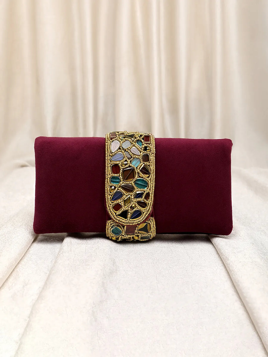 Luxe Mosaic Beaded Statement Box Clutch - Maroon