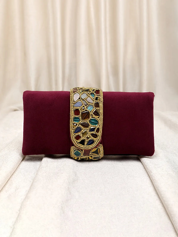 Luxe Mosaic Beaded Statement Box Clutch - Maroon