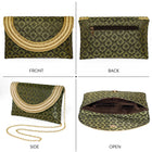 Blue clutch bag named Twilight Gleam Foldover Clutch, featuring pearl detailing and soft fabric texture | Peora
