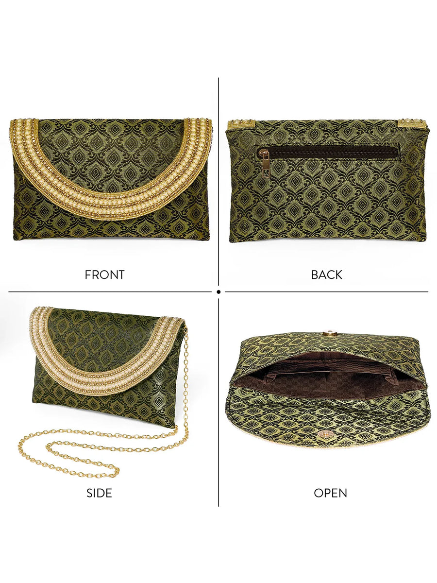 Blue clutch bag named Twilight Gleam Foldover Clutch, featuring pearl detailing and soft fabric texture | Peora
