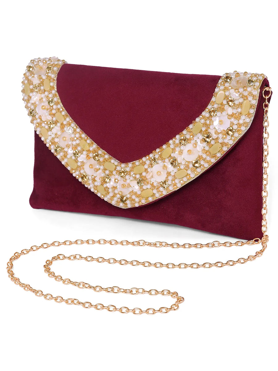 Brown clutch bag named Gilded Glamour Evening Hand Clutch, featuring artificial beads detailing and soft fabric texture | Peora
