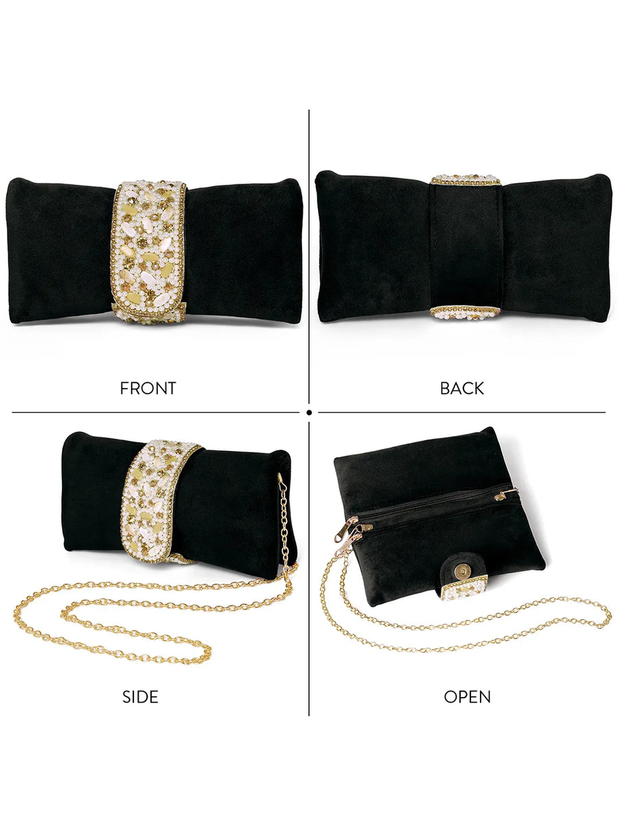 Black clutch bag named Clutch Bags Crafted for Elegance, featuring pearl detailing and soft fabric texture | Peora
