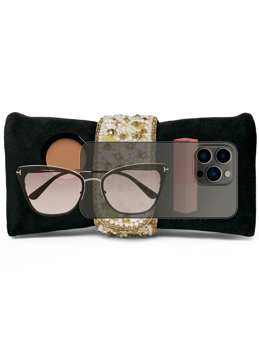 Black clutch bag named Clutch Bags Crafted for Elegance, featuring pearl detailing and soft fabric texture | Peora
