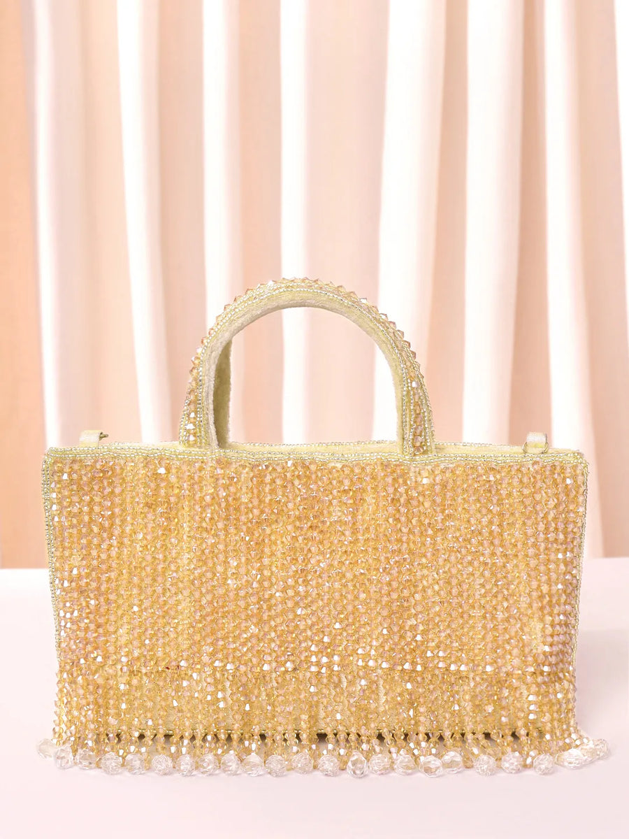 Fringed Crystal Beaded Hand Purse - Cream