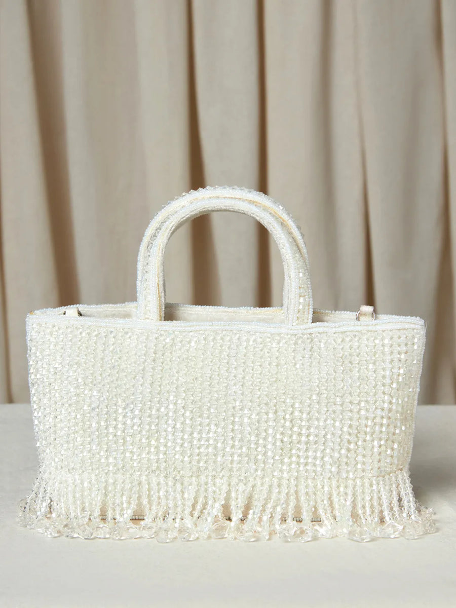 Fringed Crystal Beaded Hand Purse - White