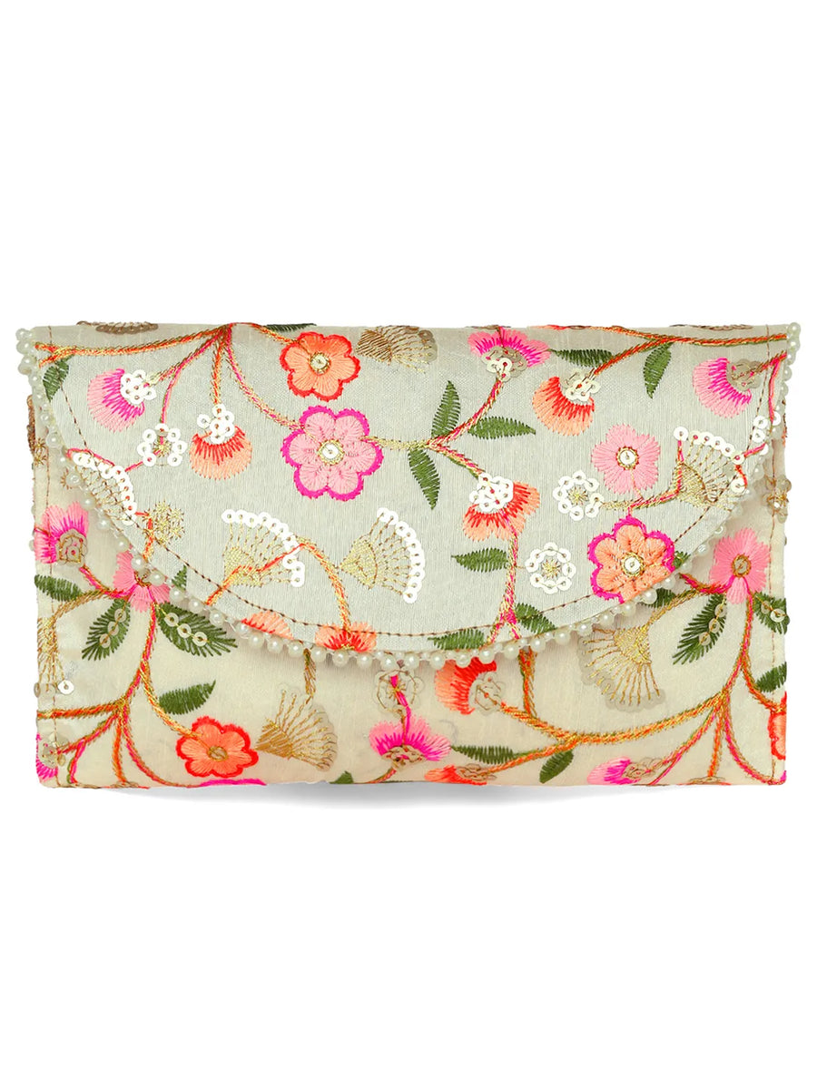 Floral Embroidery & Pearl Trim Clutch