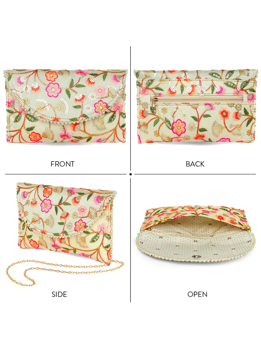 Floral Embroidery & Pearl Trim Clutch