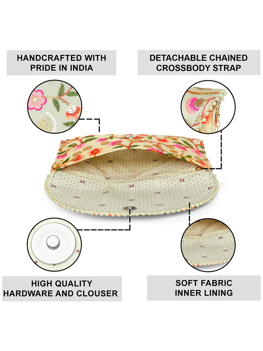 Floral Embroidery & Pearl Trim Clutch