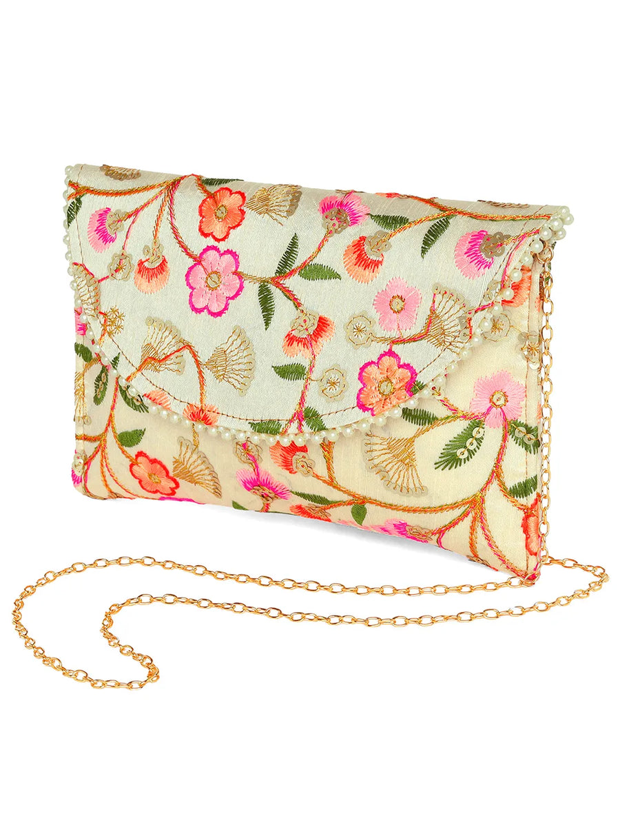 Floral Embroidery & Pearl Trim Clutch