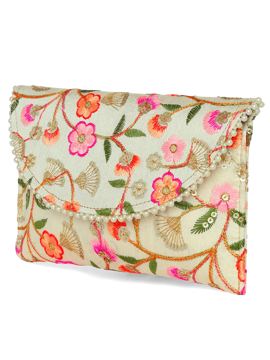 Floral Embroidery & Pearl Trim Clutch