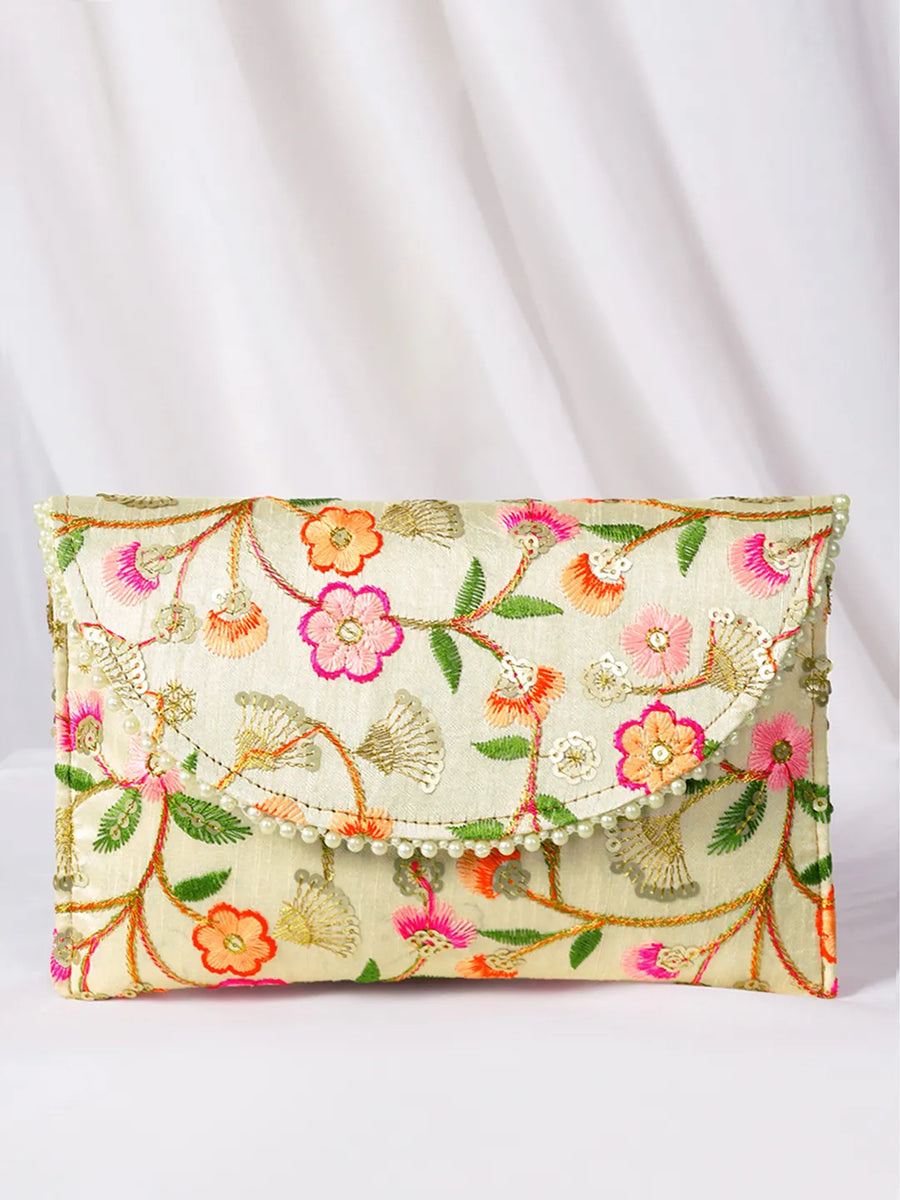 Floral Embroidery & Pearl Trim Clutch