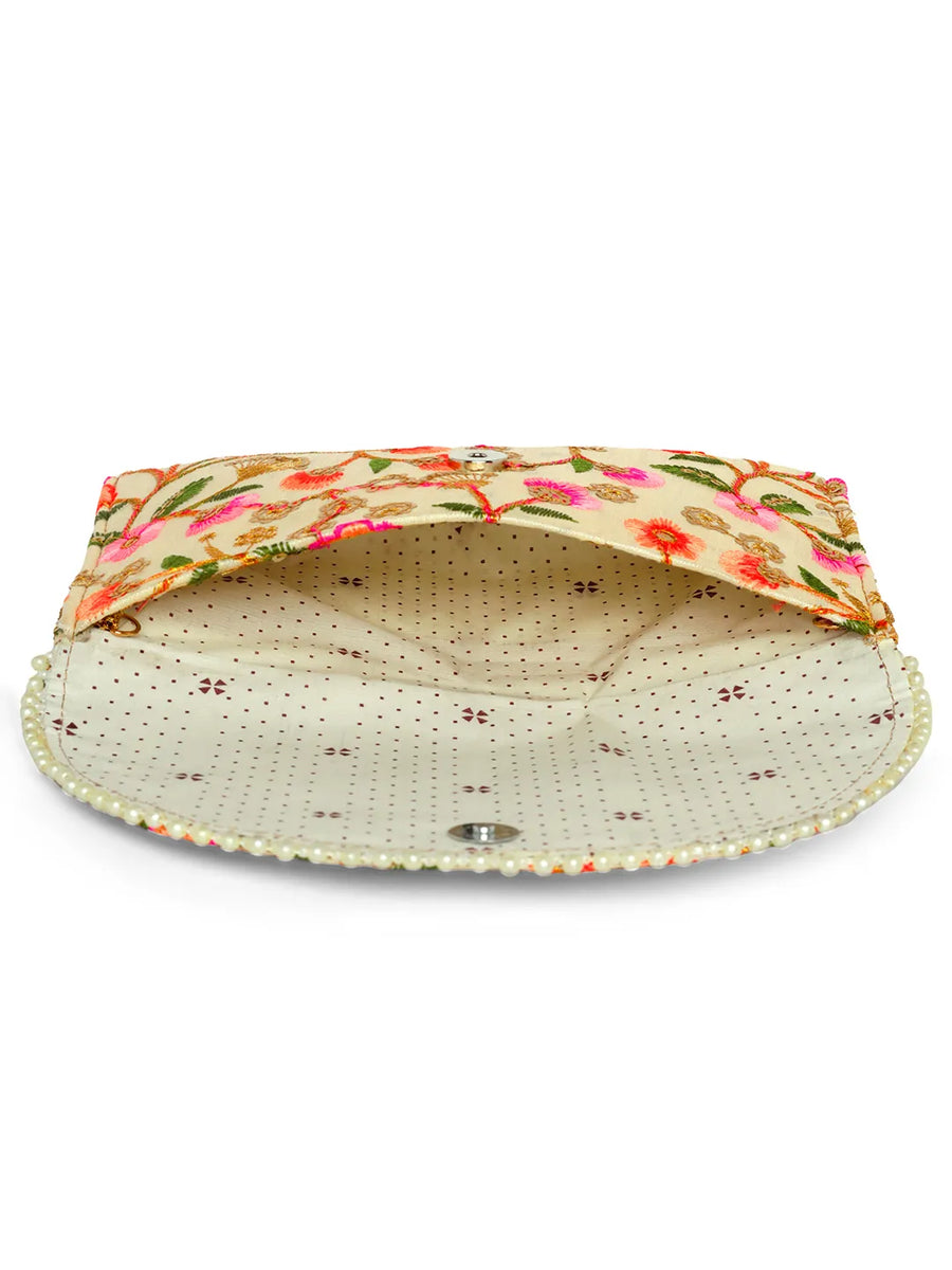 Floral Embroidery & Pearl Trim Clutch