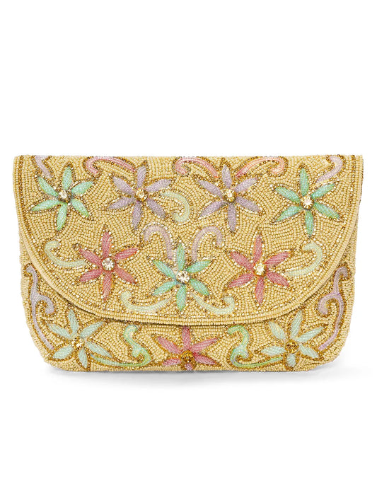 Elegant Floral Embroidery Party Clutch - Cream
