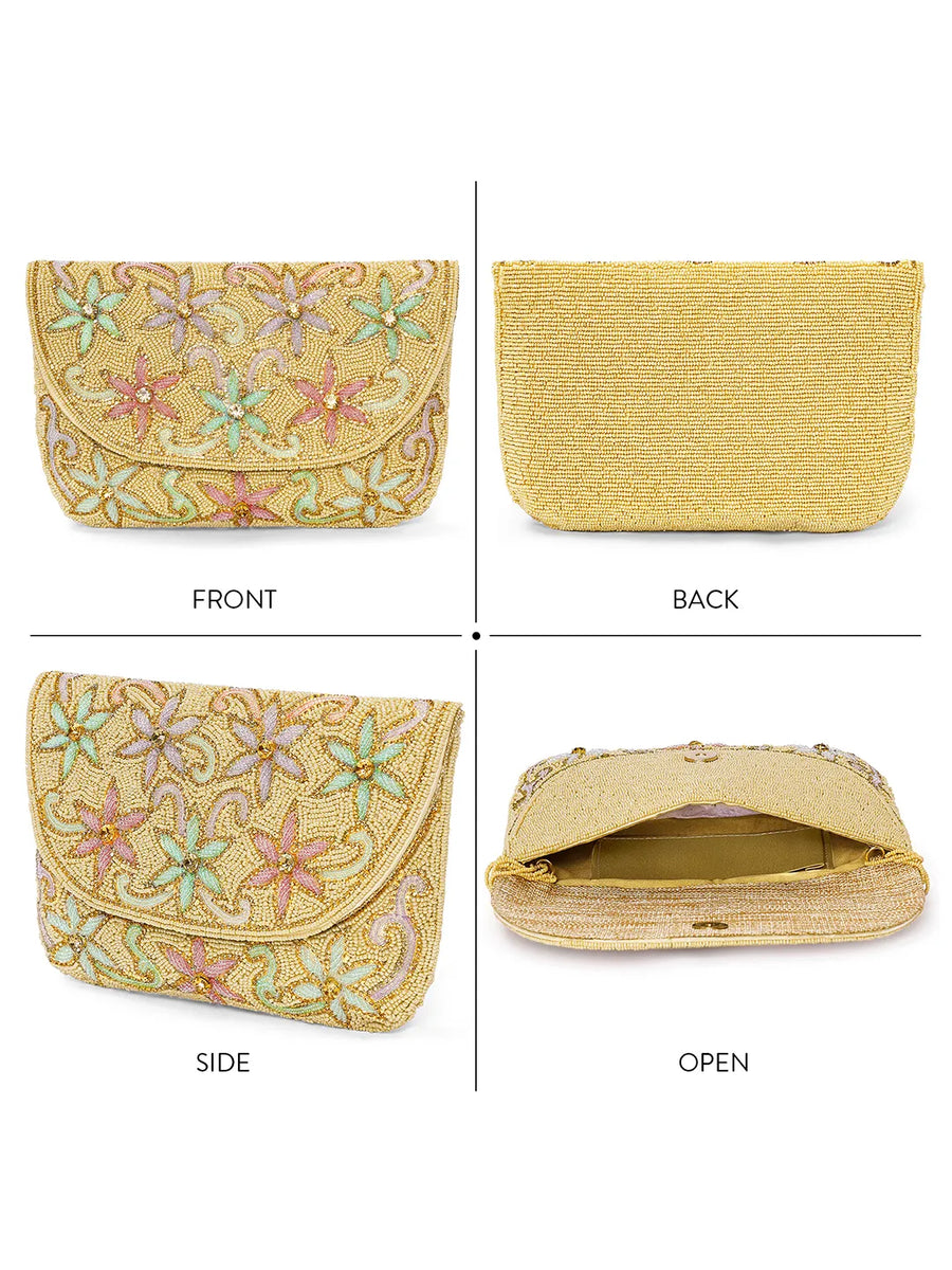 Elegant Floral Embroidery Party Clutch - Cream