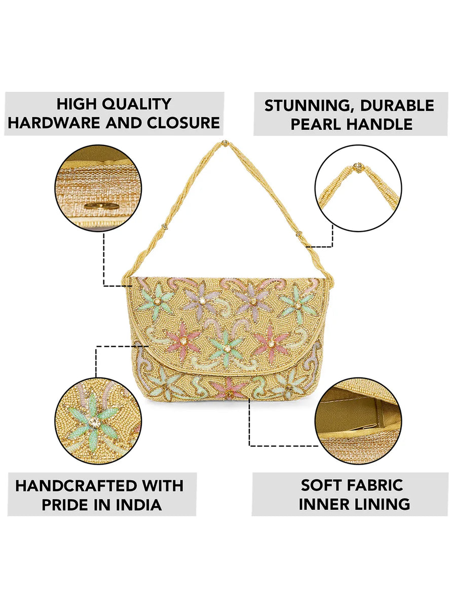 Elegant Floral Embroidery Party Clutch - Cream