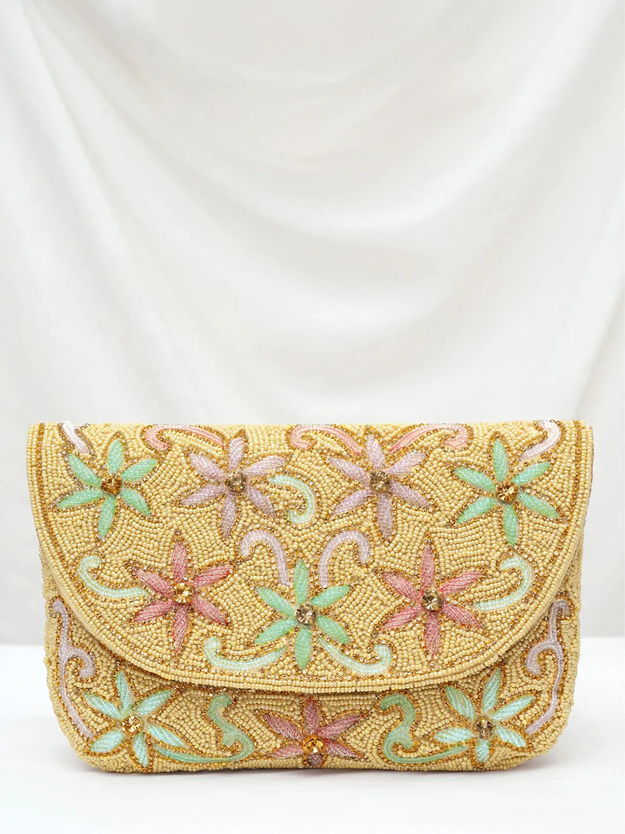 Elegant Floral Embroidery Party Clutch - Cream