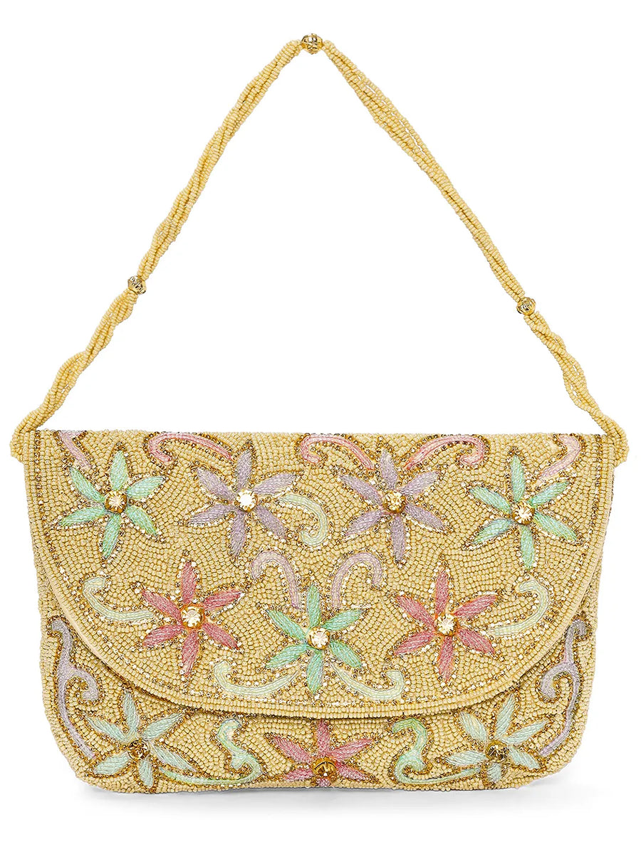 Elegant Floral Embroidery Party Clutch - Cream
