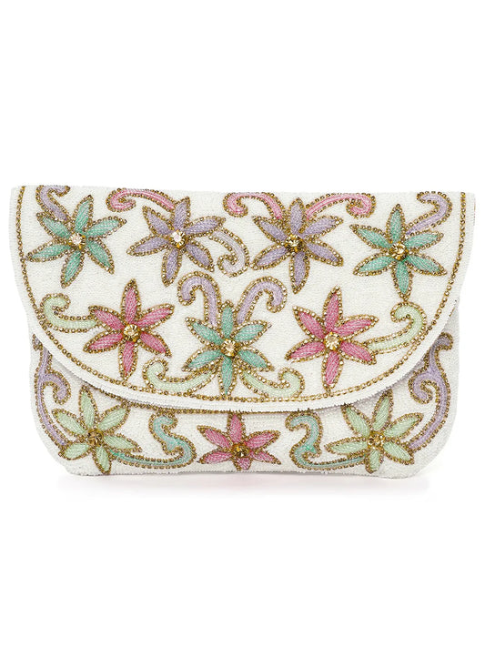 Elegant  Floral Embroidery Party Clutch - White