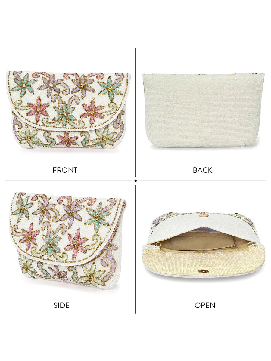 Elegant  Floral Embroidery Party Clutch - White