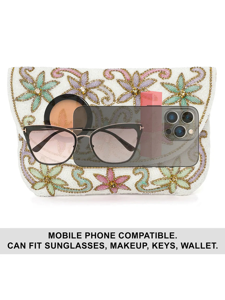 Elegant  Floral Embroidery Party Clutch - White