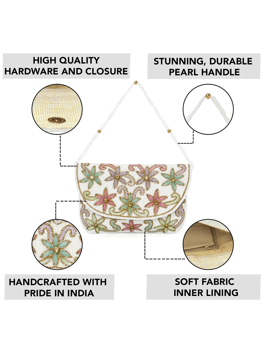 Elegant  Floral Embroidery Party Clutch - White