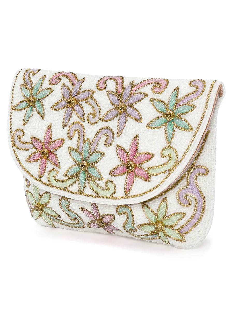 Elegant  Floral Embroidery Party Clutch - White